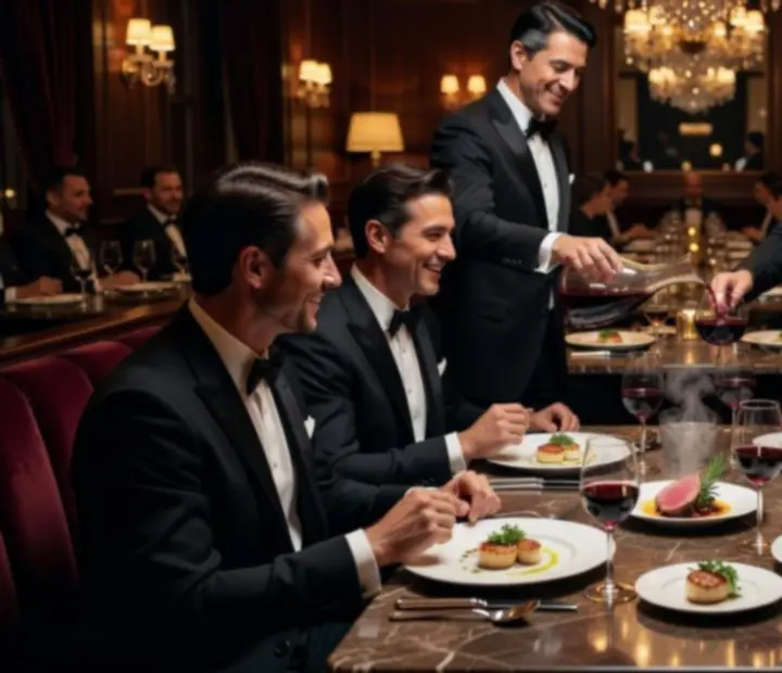 Fine dining tányérok, elegáns belső tér és társasági est egy exkluzív étteremben