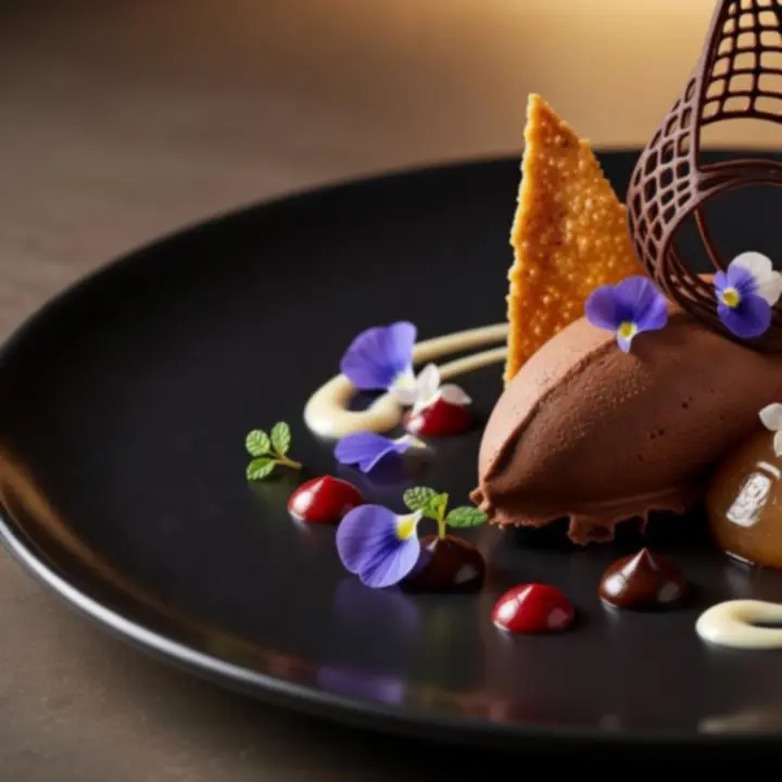 Gourmet desszert részlet, csokoládéval és idénygyümölcsökkel
