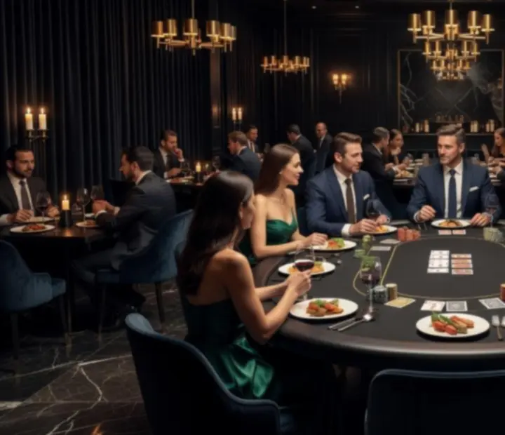 Candlelight fine dining asztal és elegáns pókerasztal egy exkluzív étteremben