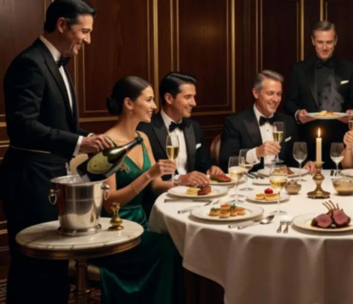 VIP exkluzív vacsora intim, gyertyafényes környezetben elegánsan terített asztalokkal.