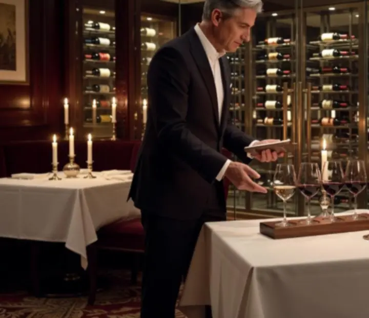 Sommelier prémium borokat és koktélokat mutat be elegáns poharakban egy VIP asztalnál.